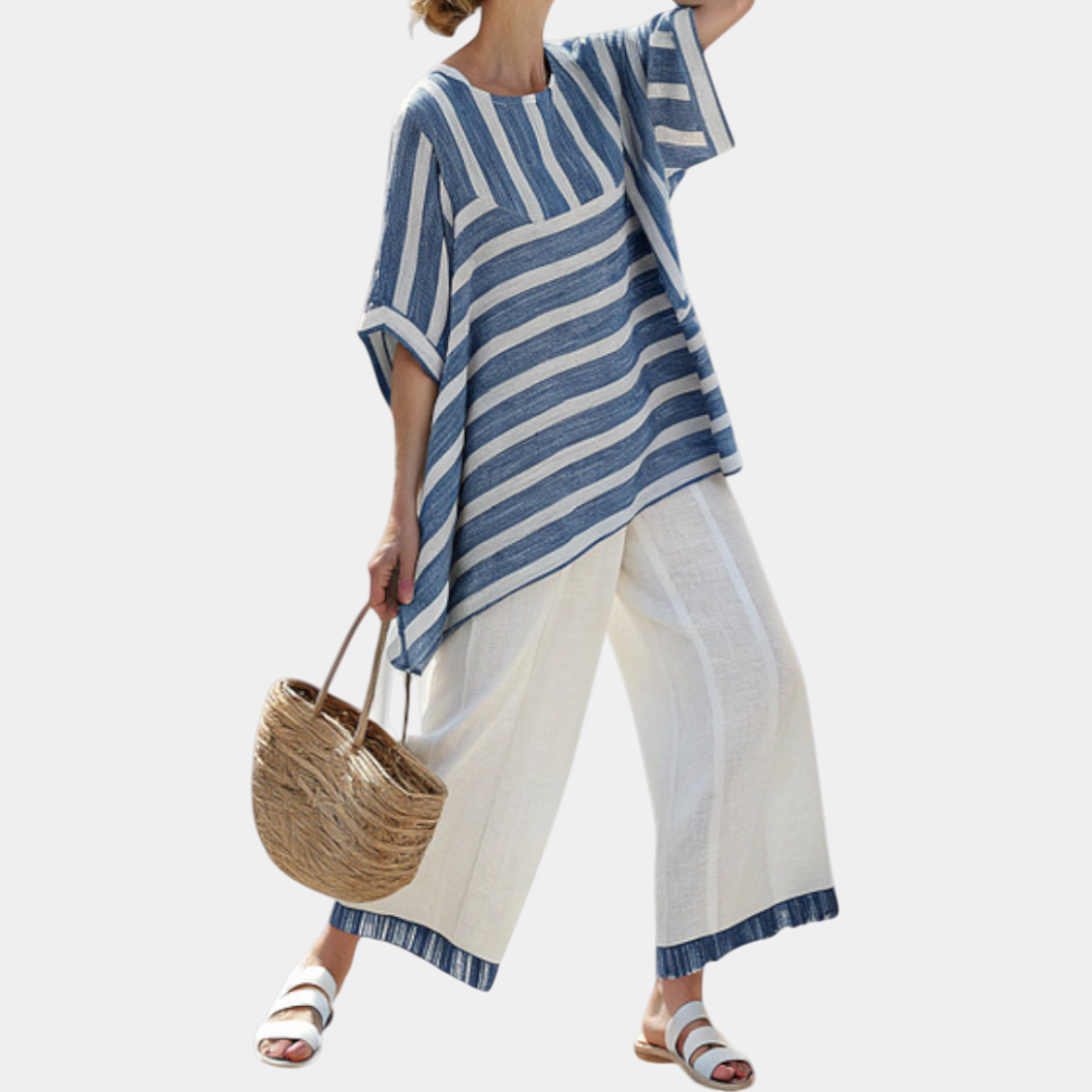 Ornela | Top with refined stripes and trousers with details at the bottom