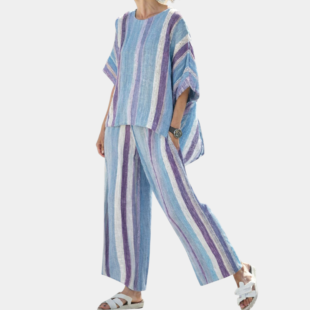 Yasmine | Elegant lilac pastel top with striped trousers