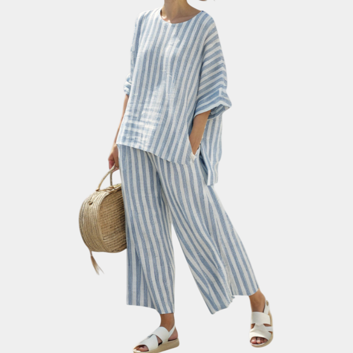 Federica | Sophisticated striped top in blue and casual trousers
