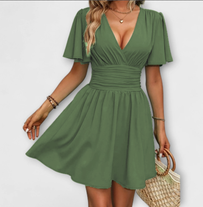 April | Pleated Waist V-Neck Dress