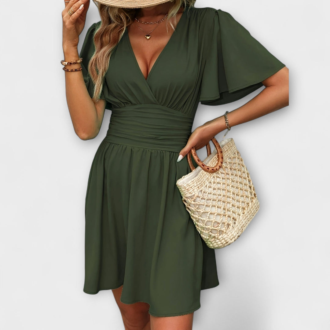 April | Pleated Waist V-Neck Dress