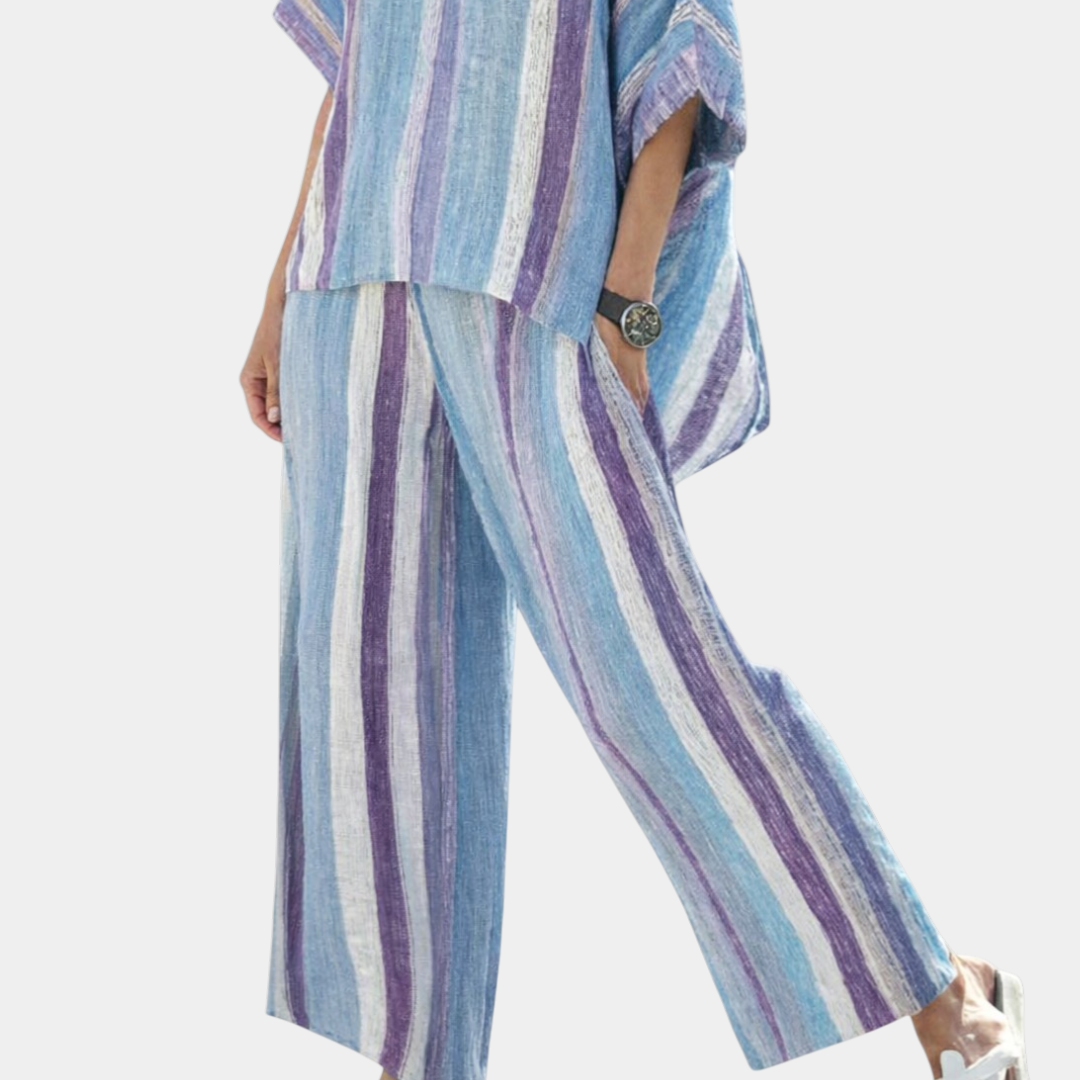 Yasmine | Elegant lilac pastel top with striped trousers