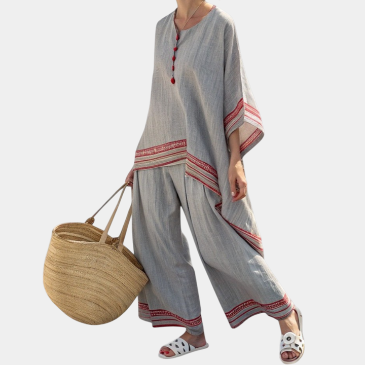 Rossella | Asymmetrical Blouse with Sophistication and Ethnic Wide Trousers