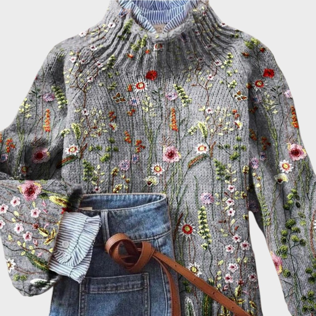 Maurine - Vintage jumper with floral pattern and high collar