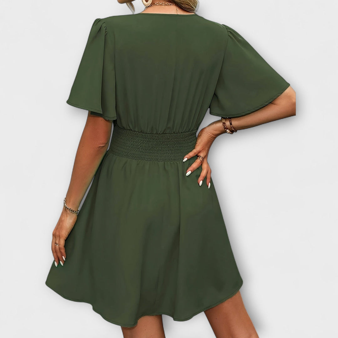 April | Pleated Waist V-Neck Dress