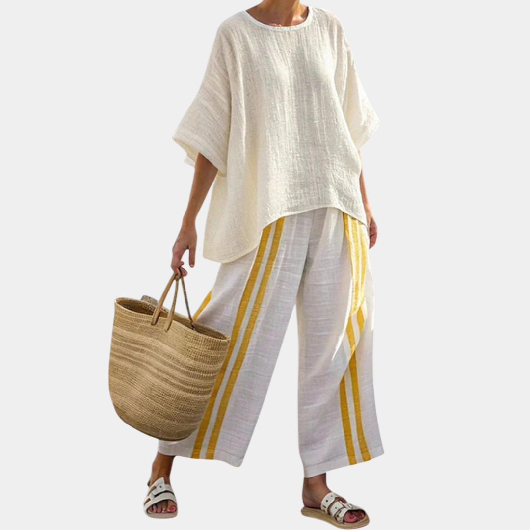 Arianna | Elegant top with yellow stripes and wide trousers