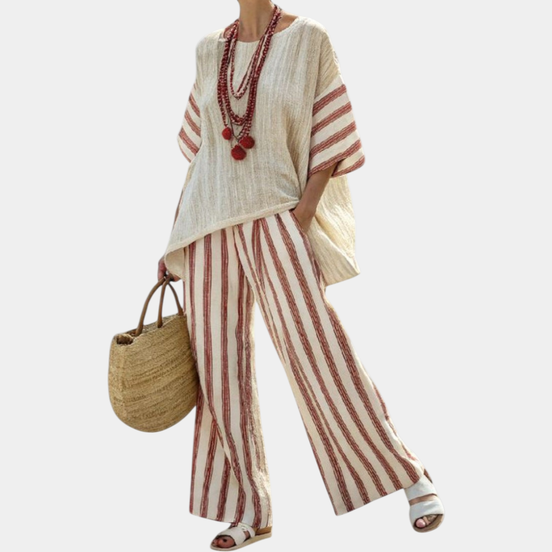 Rosalinda | Elegant top with rustic stripes and cream trousers