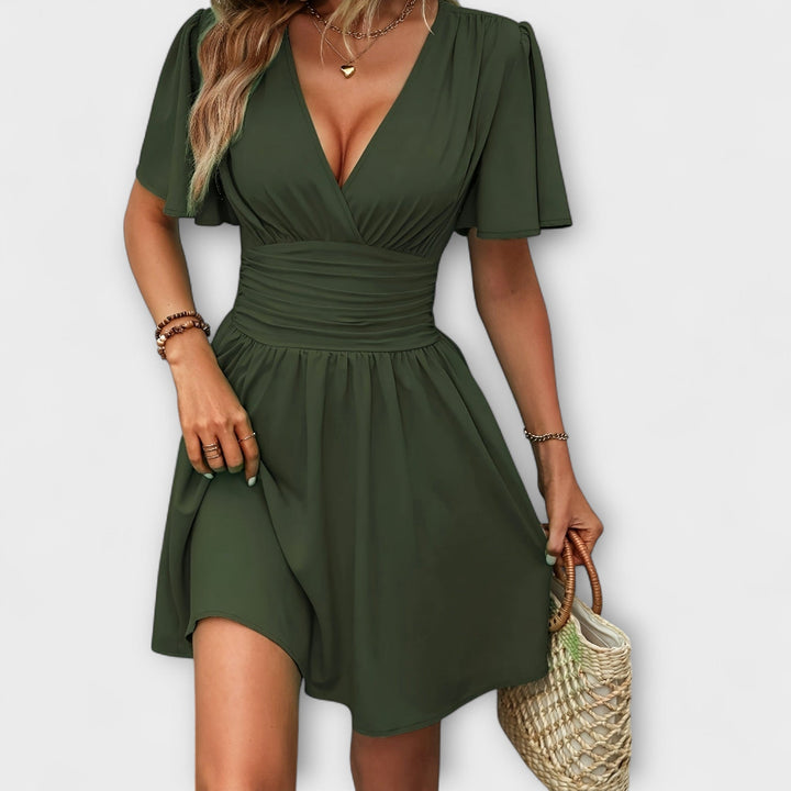 April | Pleated Waist V-Neck Dress