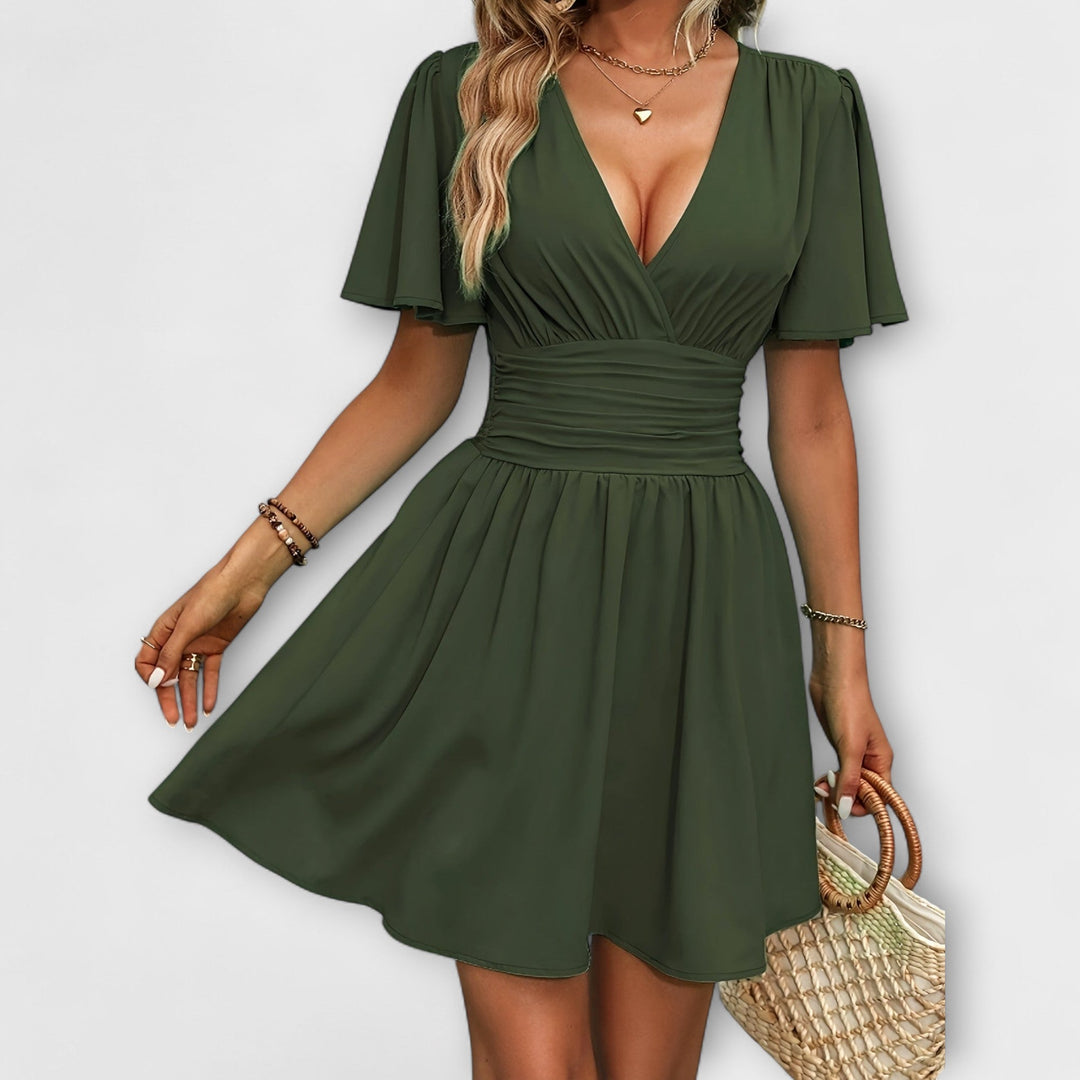 April | Pleated Waist V-Neck Dress